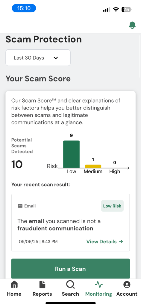 TruthFinder Search app displaying a scam protection report with a low risk email scan result and a scam score bar chart.