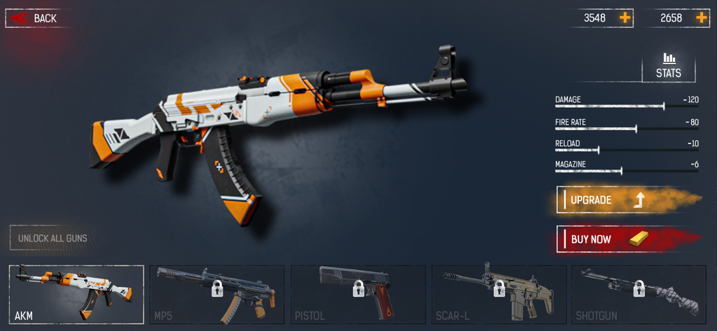 Zombie Shooting Survival Game - Pantalla de mejora del rifle de asalto AKM que muestra estadísticas del arma y skins