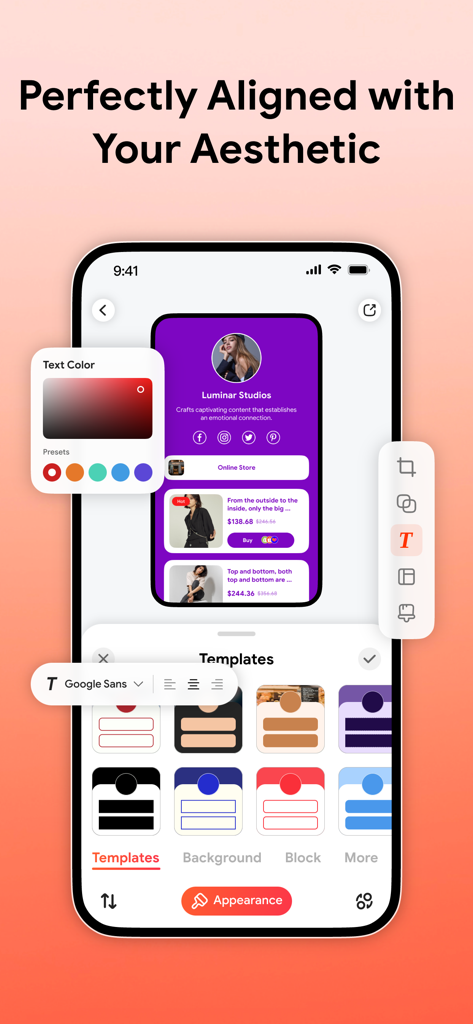 Linkbio - Link in Bio Builder - Mobile app interface showing aesthetic website templates and color customization tools for a social media link in bio