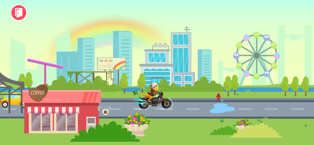 Dinosaur character riding a dirt bike in a vibrant cartoon city