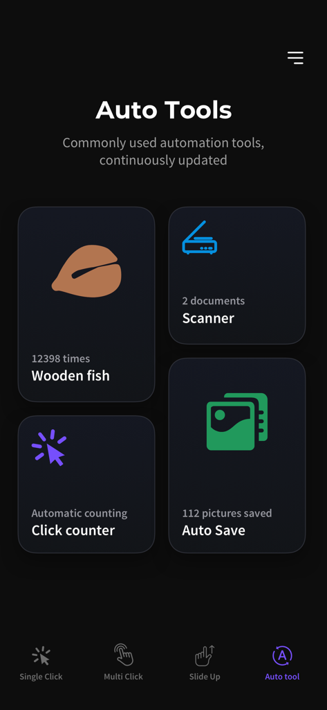 A screen from the Auto Clicker app showing extra utility tools like a wooden fish, scanner, and click counter.