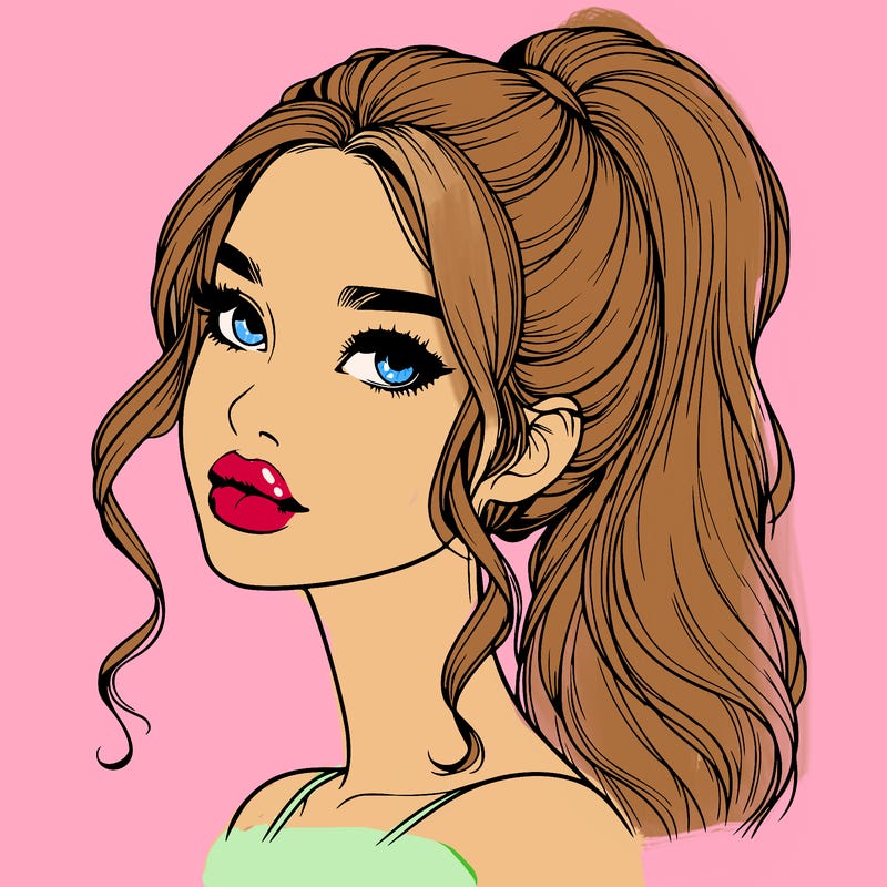 realistic girl with a ponytail on her hair and lips