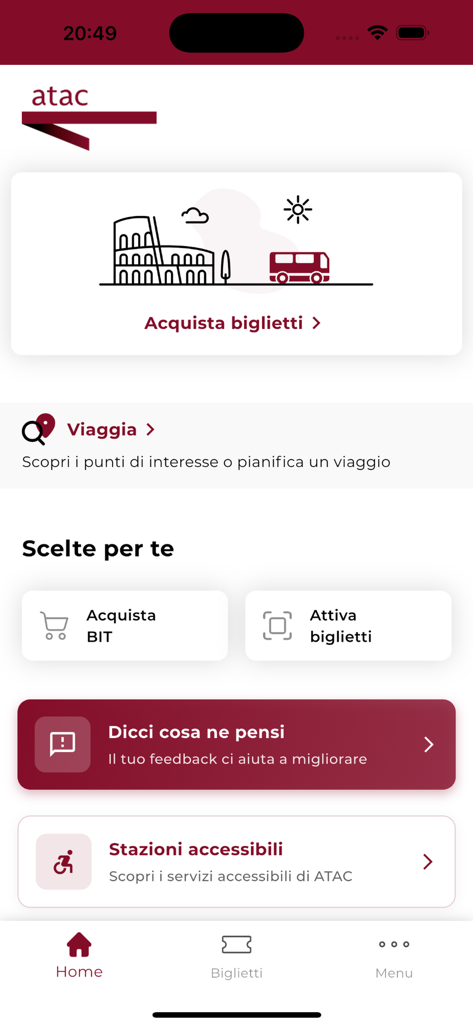 Pantalla de inicio de la aplicación de transporte Atac Roma que muestra opciones para comprar y activar billetes y encontrar estaciones accesibles
