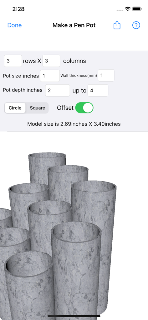 3D Box Maker - Interface of the 3D Box Maker app showing options to customize and preview a 3D printed pen pot.