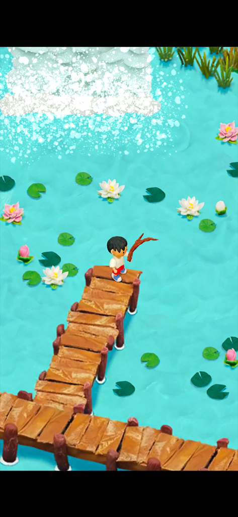 Clay Island - survival games - A clay character fishing from a wooden pier on a pond with lily pads