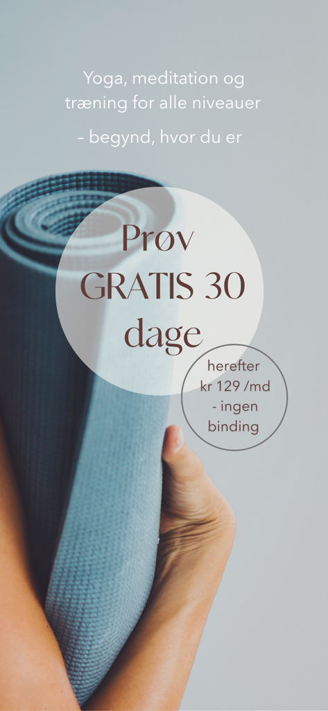 Yogavivo - Mujer sosteniendo una esterilla de yoga enrollada con texto ofreciendo una prueba gratuita de 30 días para yoga y meditación