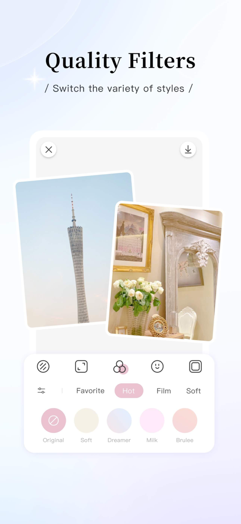 RizaCam app screenshot showing photo editing interface with quality filters like Dreamer Milk and Brulee