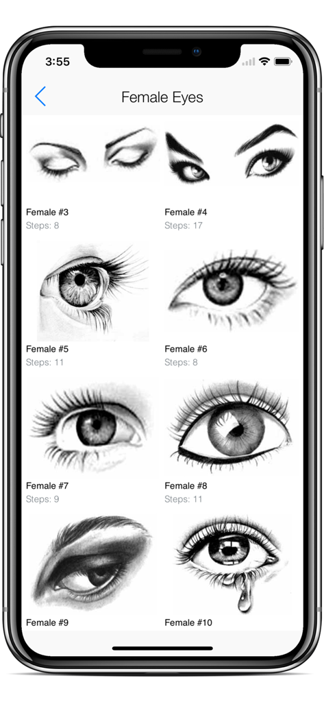 Draw Anime Eyes - Cutest Eyes - A menu showing multiple female eye drawing tutorials with step by step instructions
