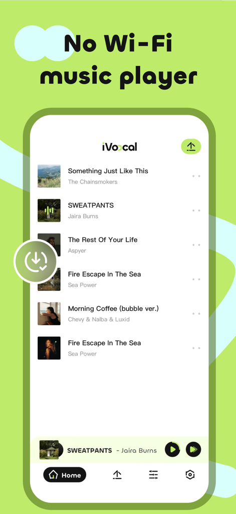 iVocal-Melodic Bliss - iVocal mobile app home screen showing a music library for offline listening without wifi