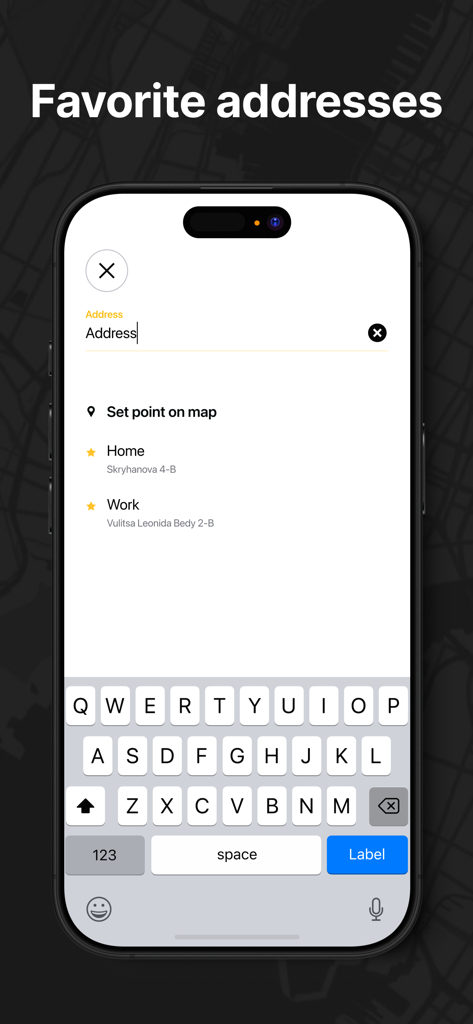 TaxiF mobile app screen for saving and managing favorite addresses like home and work.