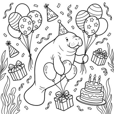 Get ready for an adorable underwater birthday bash with this charming manatee coloring page! Featuring a party-ready manatee surrounded by balloons, gifts, and cake, it's perfect for celebrating any special day.