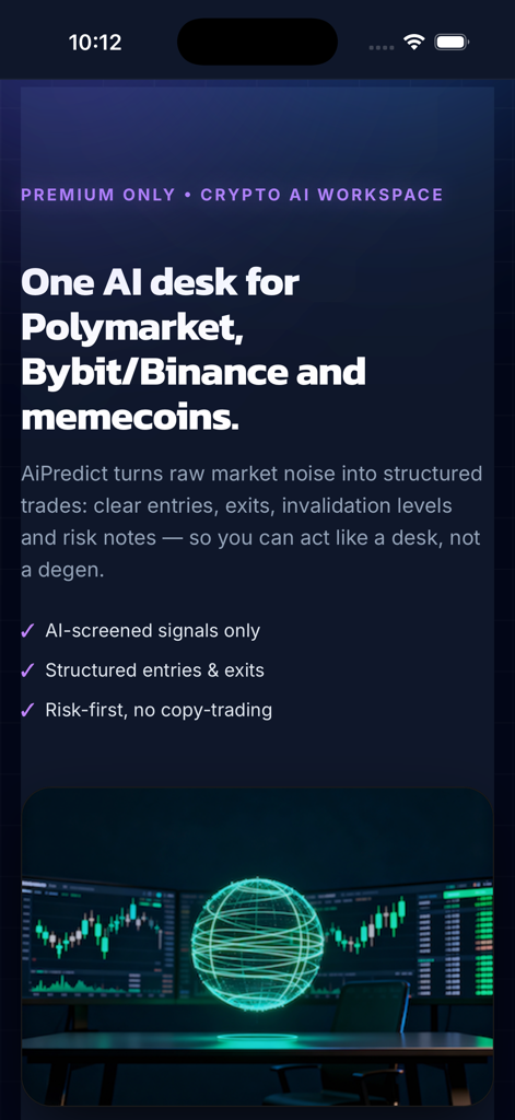 AiPredict - Football & Crypto - Espacio de trabajo premium de IA de criptomonedas de la aplicación AiPredict que muestra señales de operaciones estructuradas y análisis de mercado.