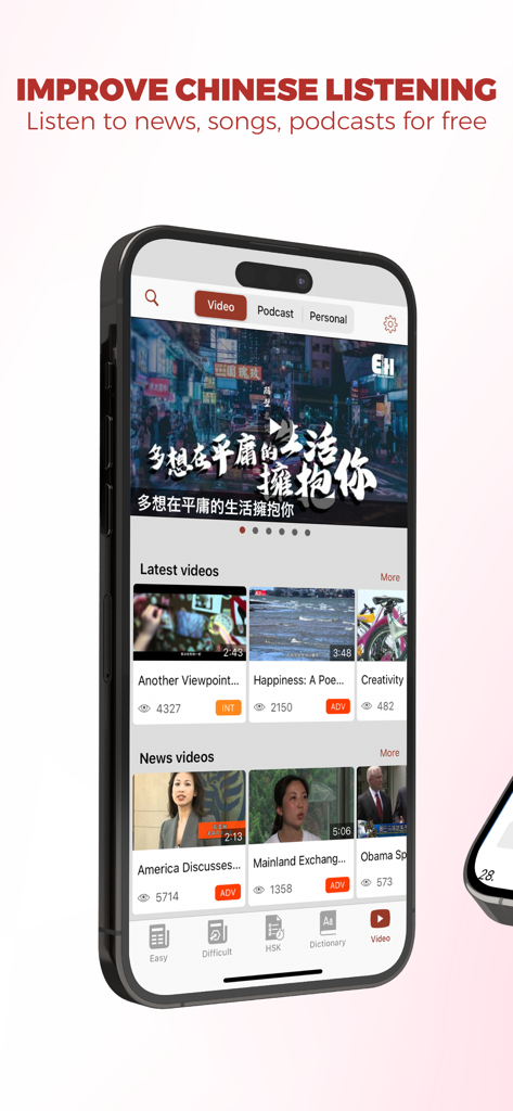 Todaii: Easy Chinese - Todaii Easy Chinese app screen featuring news videos and podcasts for listening practice