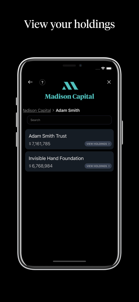 Addepar - Captura de pantalla de la aplicación móvil Addepar que muestra las tenencias de inversión para un fideicomiso y una fundación bajo Madison Capital