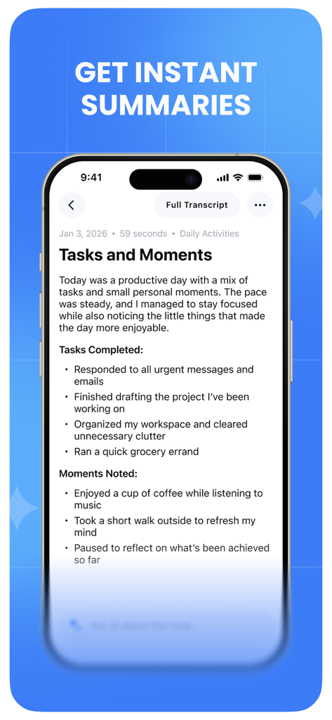 AI Note Taker & Voice Notes - Pantalla de iPhone que muestra un resumen generado por IA de tareas diarias y momentos con viñetas