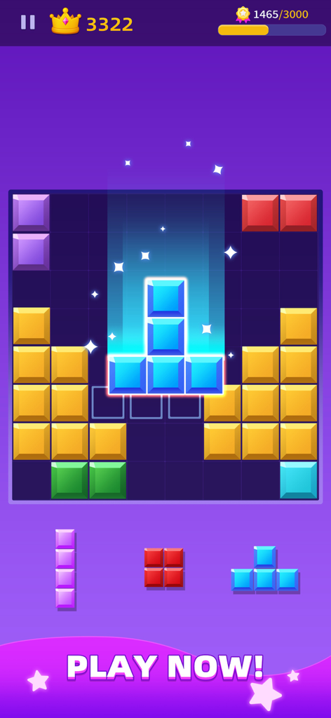 Colorful block puzzle gameplay screen showing a glowing combo move