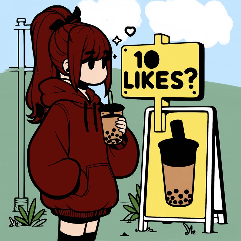 girl with oversized hoodie drinking boba and she has a high ponytail with a sign that says 10likes?