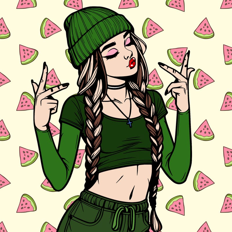 realistic teenage girl with braids and a beanie and crop top doing 🫶🏼