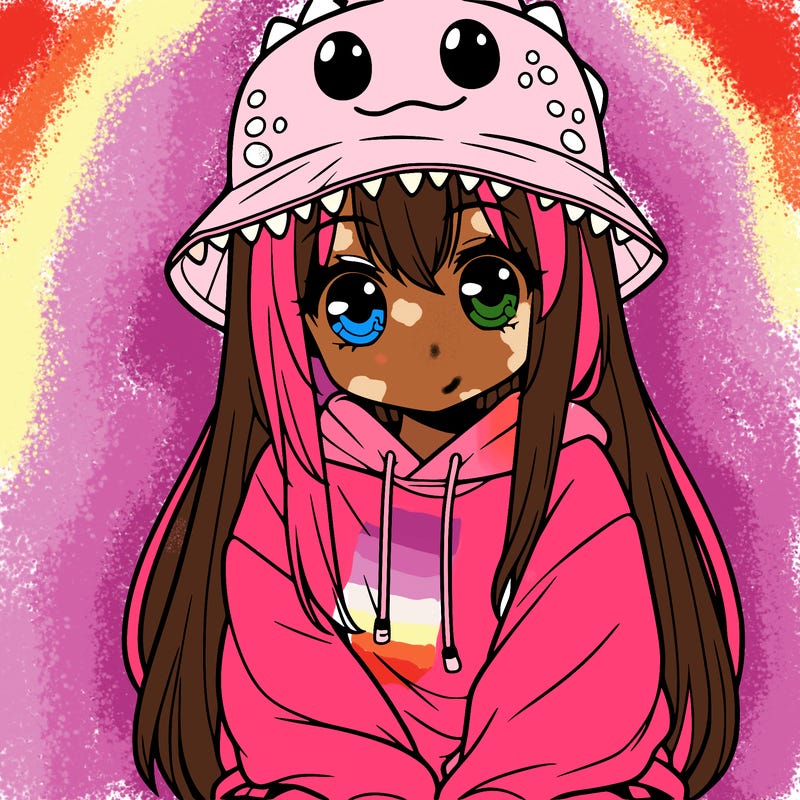 girl with anime shaped eyes with a dinosaur bucket hat oversized sweatshirt long straight hair