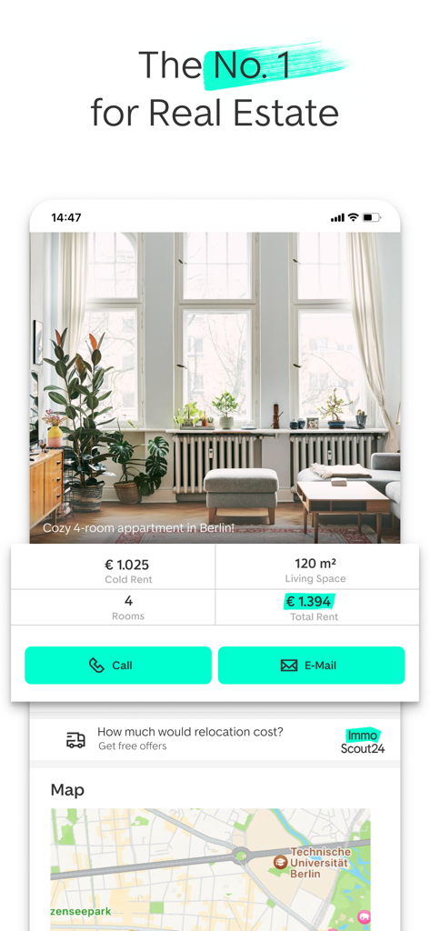 ImmoScout24 - Real Estate - La aplicación ImmoScout24 que muestra un anuncio de apartamento de cuatro habitaciones en Berlín con precios de alquiler y un mapa de ubicación
