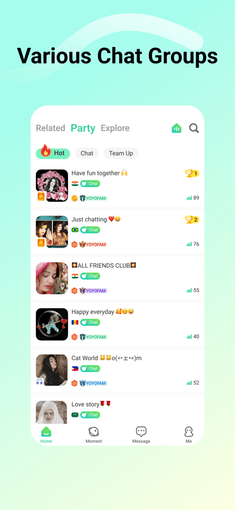 YoYo - Voice Chat Room - A mobile screenshot of the YoYo app interface displaying a variety of international voice chat groups and social party rooms.