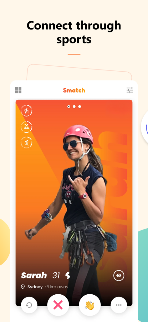 Smatch app interface showing a sports partner profile with a swipe to match feature.