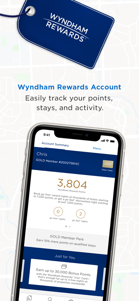 Wyndham Hotels & Resorts - Mobile phone showing the Wyndham Rewards account dashboard with point balance and gold member status