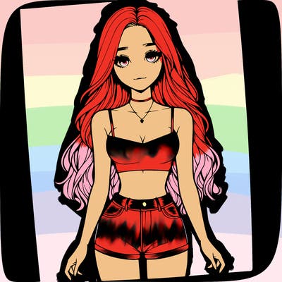 a realistic girl with long hair and in a crop top and shprts