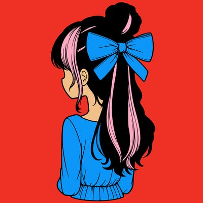 realistic girl  with hip length hair a bun and a big bow on the back of head