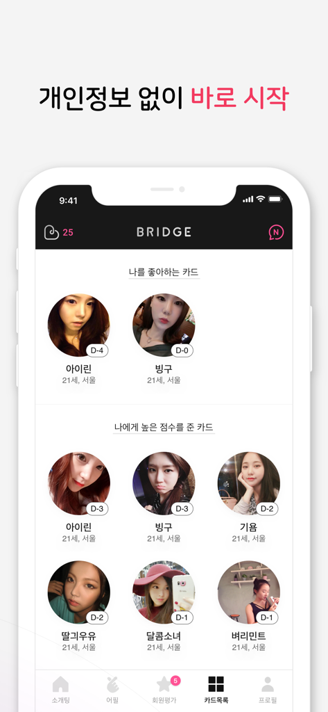 A mobile interface of the Bridge dating app displaying circular profile photos of potential matches with names and ages.