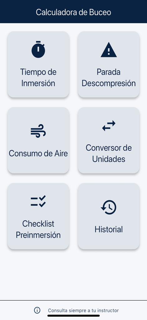 Menú principal de la aplicación Calculadora de Buceo con iconos para tiempo de buceo, descompresión, consumo de aire y lista de equipo