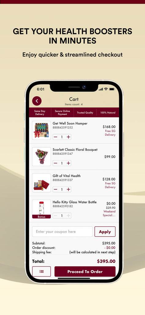 Eu Yan Sang - Eu Yan Sang mobile app shopping cart screen featuring wellness gift hampers and a streamlined checkout process