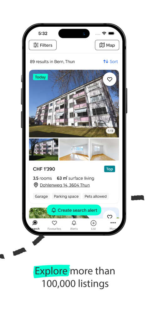 Mobile app interface of ImmoScout24 Switzerland displaying real estate listings in Thun with search filters and price details.