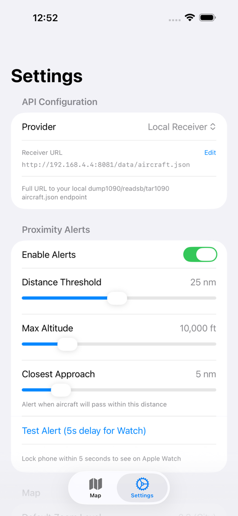 Sky Pinger - Sky Pinger app settings screen showing local receiver configuration and proximity alert sliders for distance and altitude.