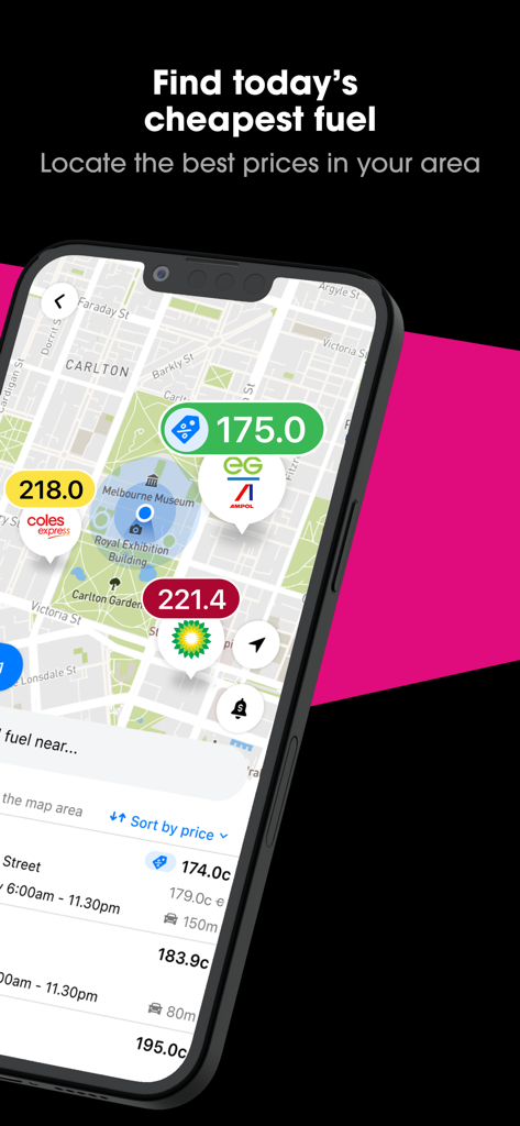 Arevo: VIC Journey Planner - Arevo app interface showing a map of Melbourne with real-time fuel prices at nearby gas stations