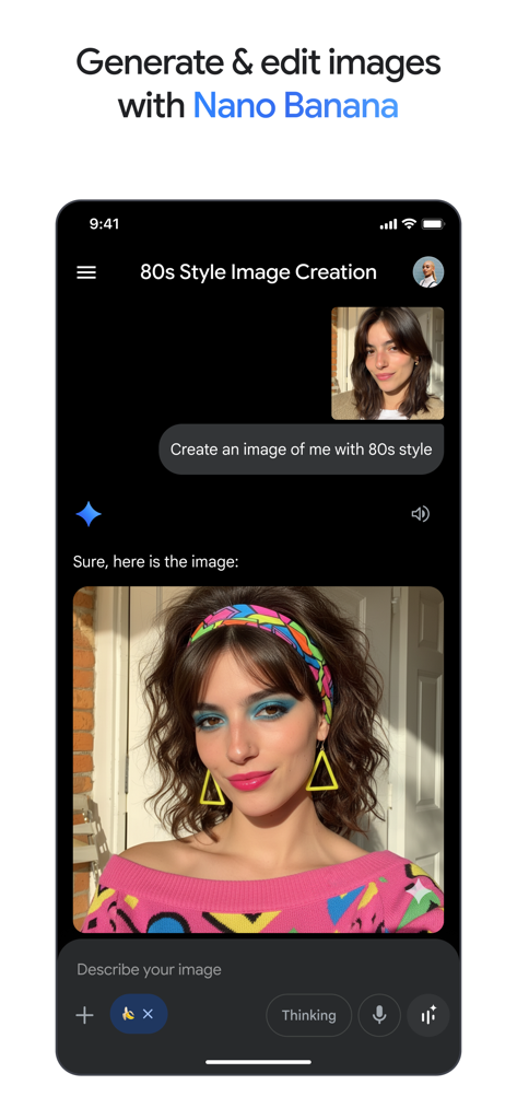 Google Gemini app interface showing an AI generated image of a woman in 80s style using Nano Banana