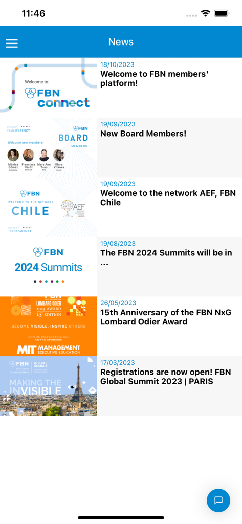 FBN Connect - News portal in the FBN Connect app showing member updates and global summit announcements.