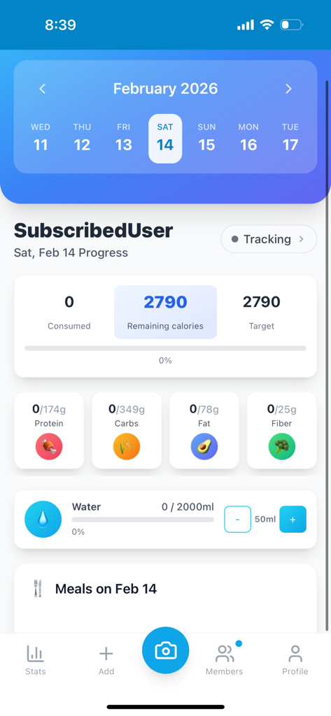 YumBridge – AI Food Tracker - YumBridge app interface showing daily calorie goal and macronutrient progress tracking