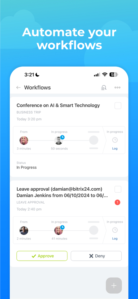 Interfaz de la aplicación móvil Bitrix24 mostrando la automatización de flujos de trabajo empresariales para aprobaciones de licencias y viajes de negocios.