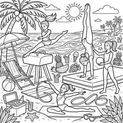 Get ready to tumble into a vibrant summer with this exciting coloring page featuring talented youth gymnasts enjoying a sunny beach day. Bring this energetic scene to life with your favorite colors, from dynamic routines to refreshing beach treats!