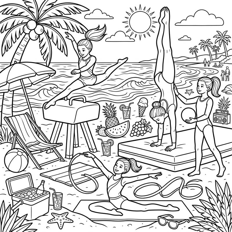 Get ready to tumble into a vibrant summer with this exciting coloring page featuring talented youth gymnasts enjoying a sunny beach day. Bring this energetic scene to life with your favorite colors, from dynamic routines to refreshing beach treats!