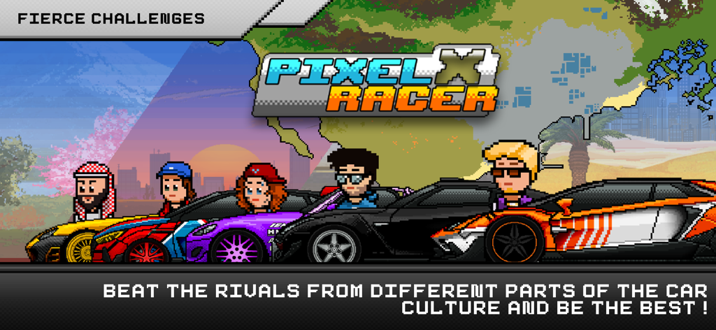 Una hilera de diversos personajes de arte pixelado y sus coches personalizados que representan diferentes culturas de carreras en Pixel X Racer