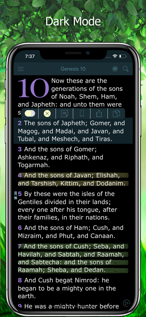 KJV Bible with Apocrypha. KJVA - iPhone-Bildschirm zeigt King James Version Bibeltext im Dunkelmodus mit hervorgehobenen Versen aus Genesis 10