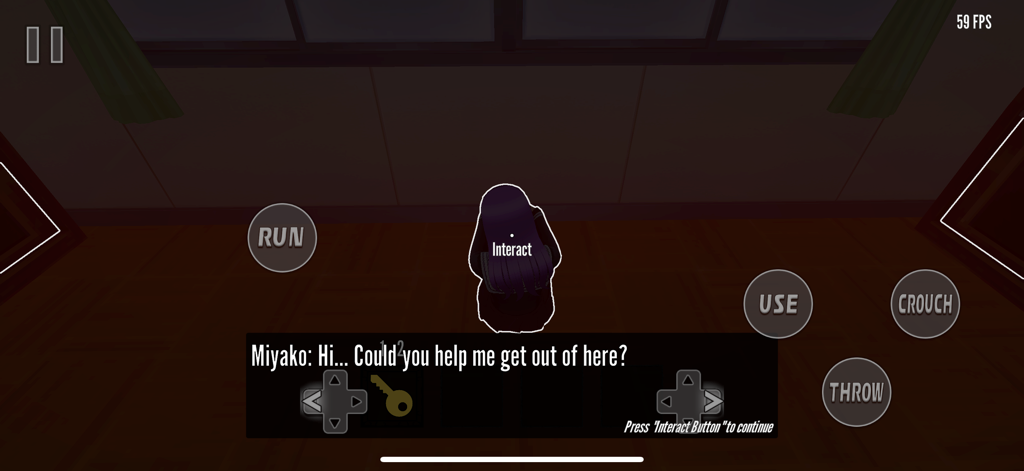 Fragmented Fear - Gameplay screenshot of Fragmented Fear showing protagonist Miyako in a dark room with dialogue and retro graphics