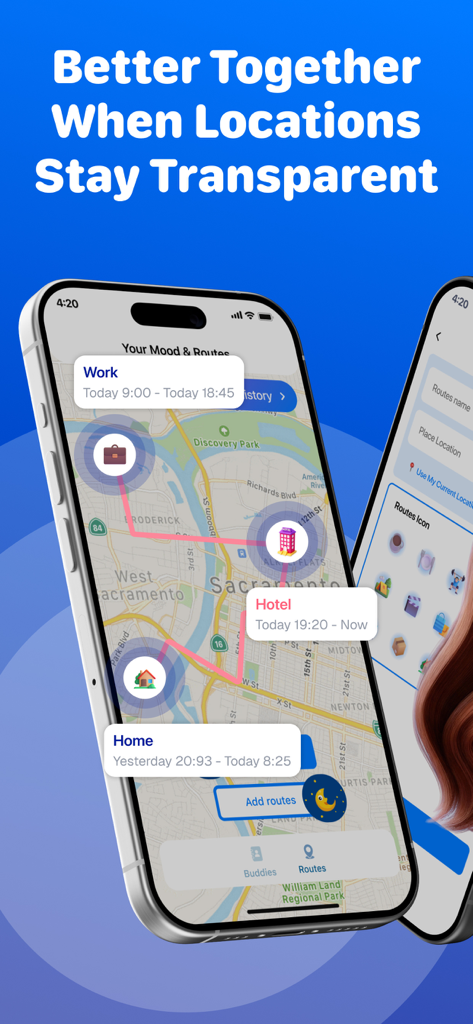 Location Tracker: My Friends - Soola app interface displaying a route map with time-stamped pins for daily activities.