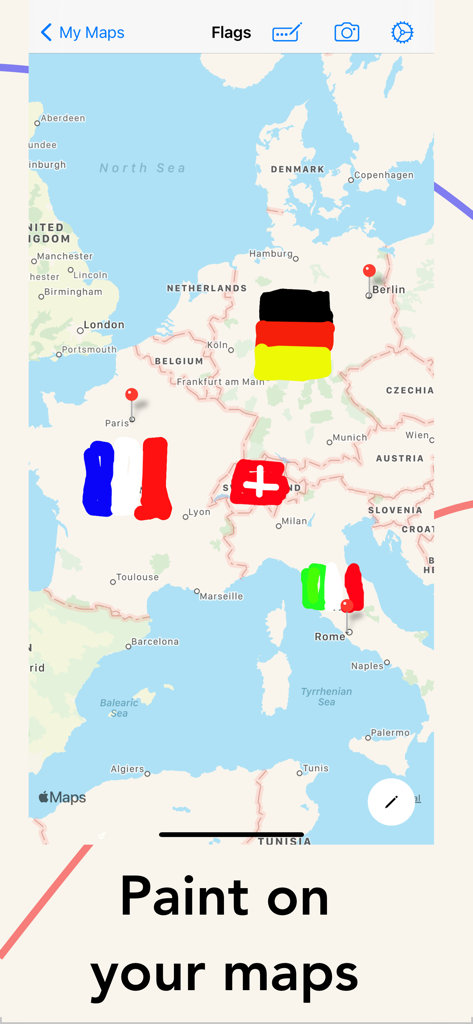 Eine Karte von Europa mit handgezeichneten Nationalflaggen für Deutschland, Frankreich, die Schweiz und Italien.