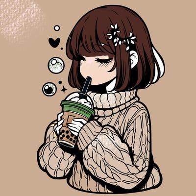 manga girl drinking boba in cozy sweater