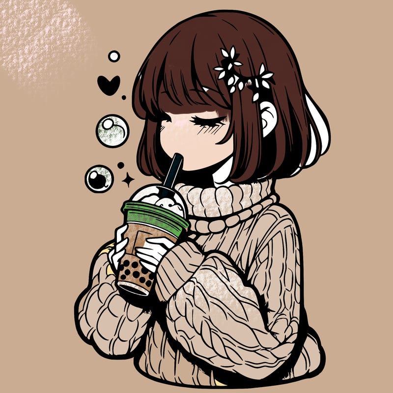 manga girl drinking boba in cozy sweater