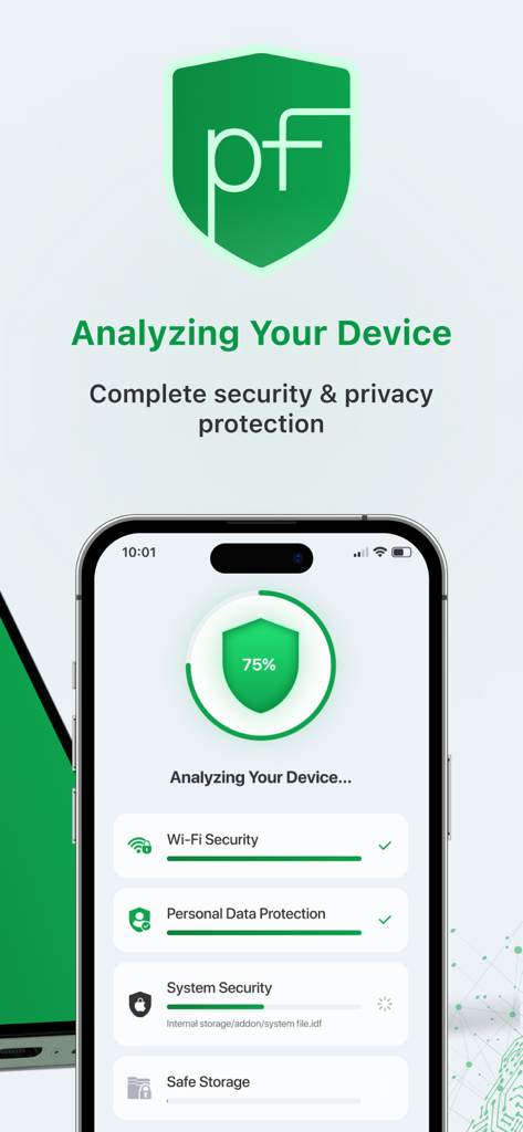 Privacy Fortress: Secure, Safe - iPhone screen showing the Privacy Fortress app performing a security scan and device analysis