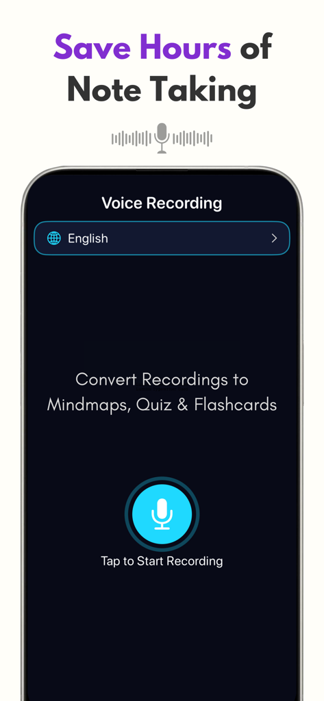 Interface of the Foxy app showing the voice recording feature to convert audio into mindmaps and study materials.